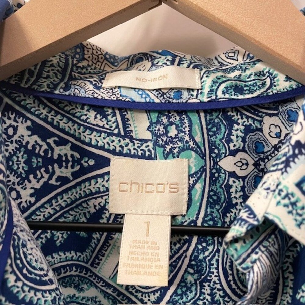 Chico's Gabrielle Paisley No-Iron Button Down Cotton Shirt Blue Green Medium - Picture 12 of 16